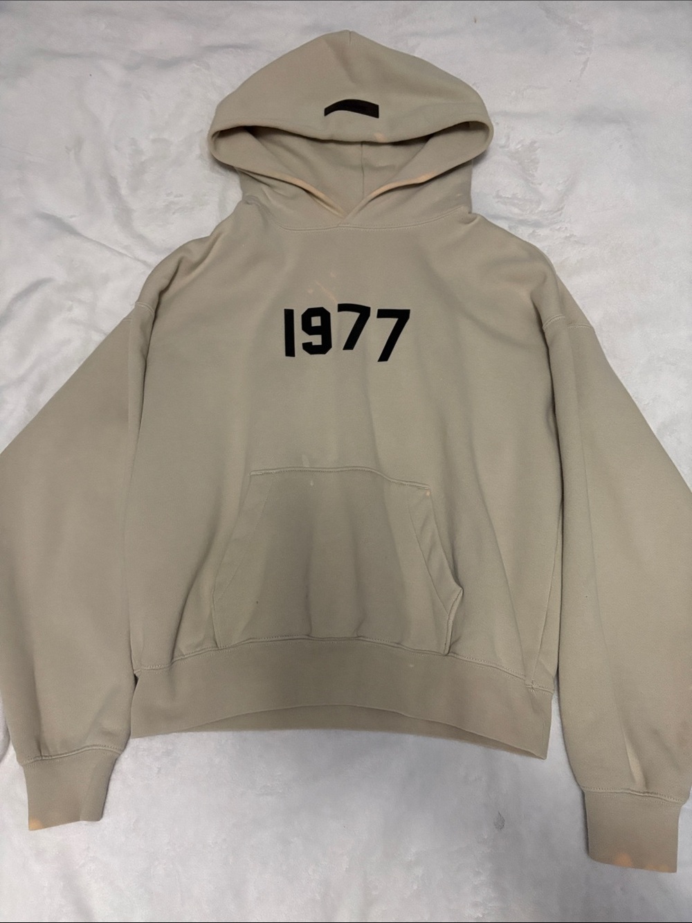 Essentials Men's Hoodie in Beige with Black '1977' Printing